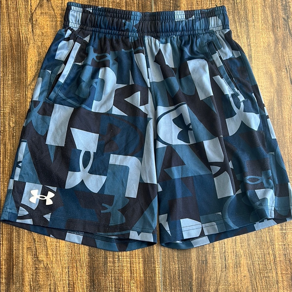 Under Armour Blue and Black Athletic Shorts with Geometric Design